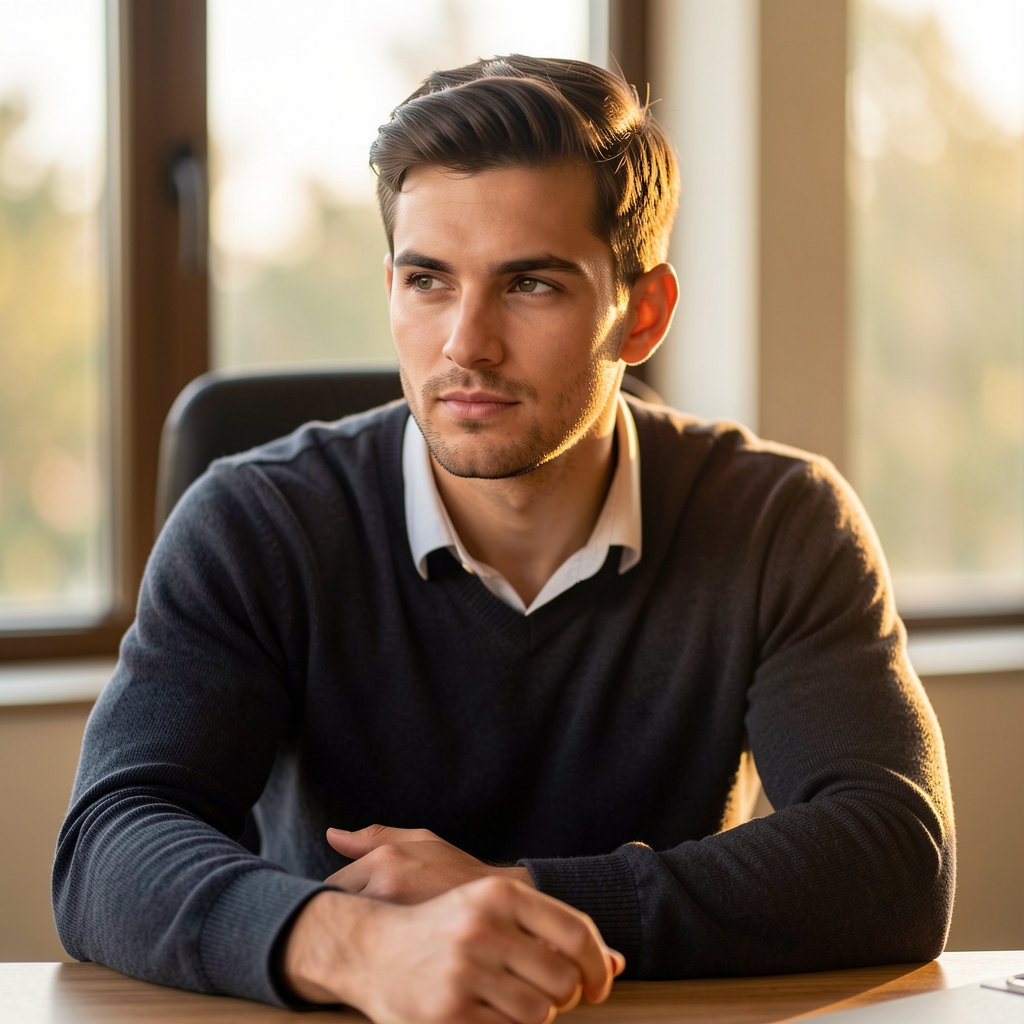 Editorial portrait of Oliver Thompson, wellness writer and weight loss coach, seated at a desk in warm window light, thoughtful expression