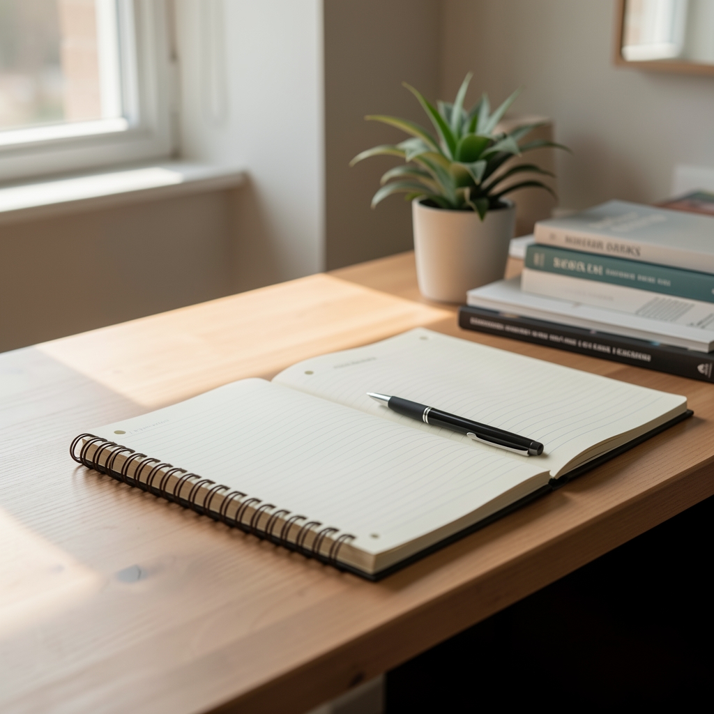 Workspace photograph showing editorial desk with notebooks, pen, and natural morning light, productive and calm editorial setting