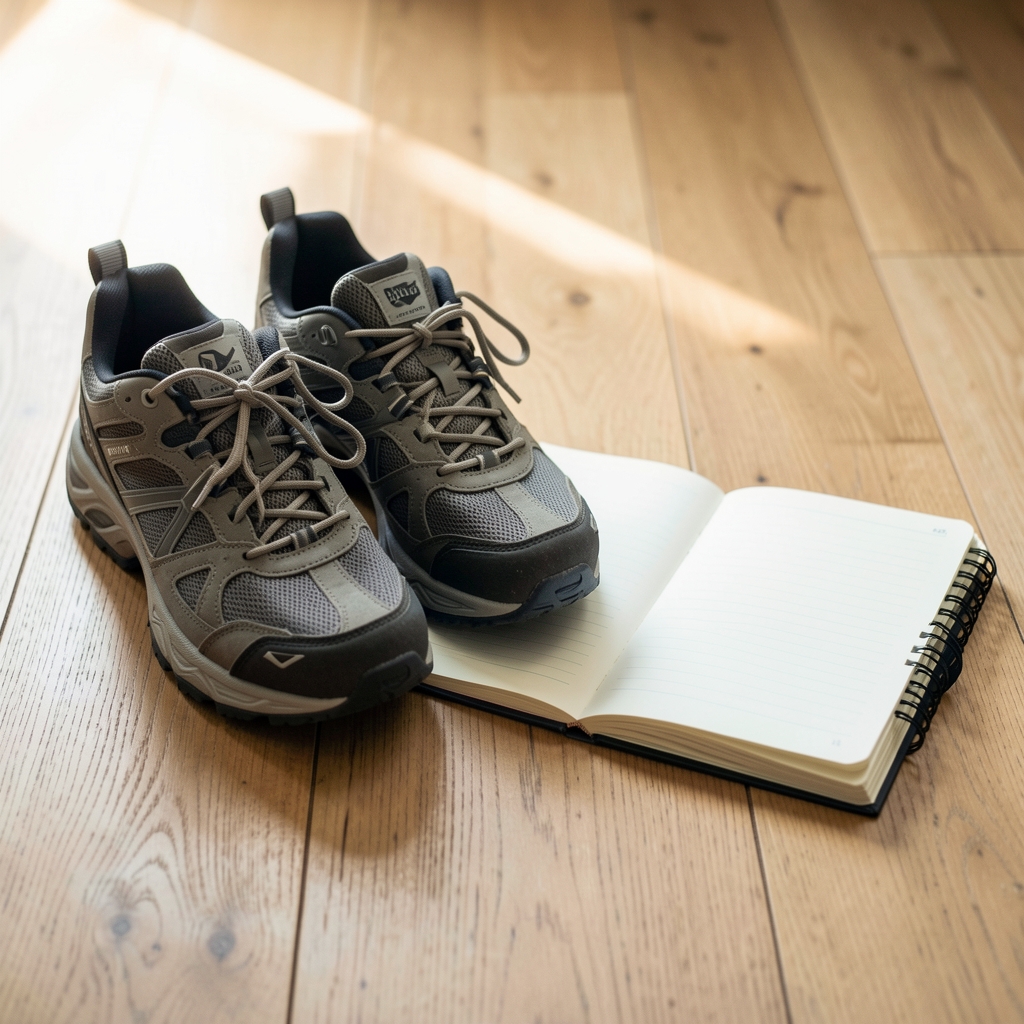 Pair of walking trainers placed beside an open notebook on a wooden floor, natural morning light, editorial still life