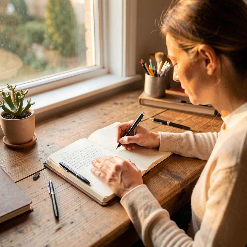 Person sitting at a wooden desk writing in a habit journal, warm window light, editorial overhead composition
