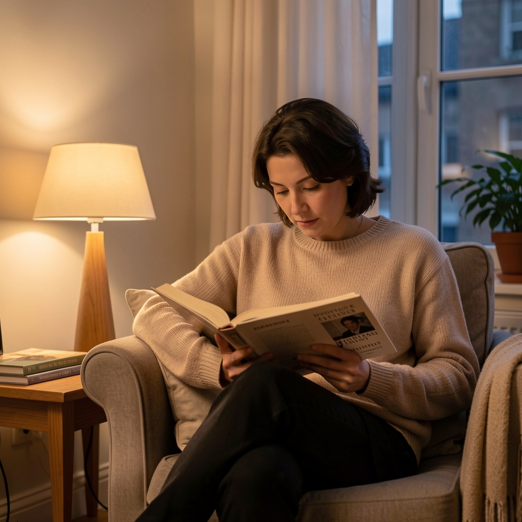Person sitting reading a book in a quiet well-lit room in the evening, warm lamp light, editorial domestic scene