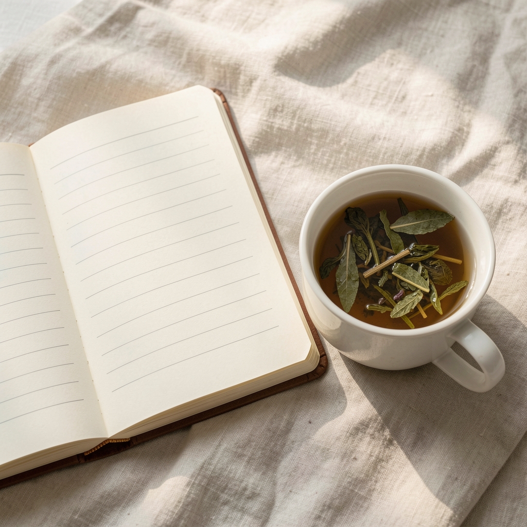 Open notebook beside a cup of herbal tea on a pale linen cloth, soft morning light, minimal flat lay editorial