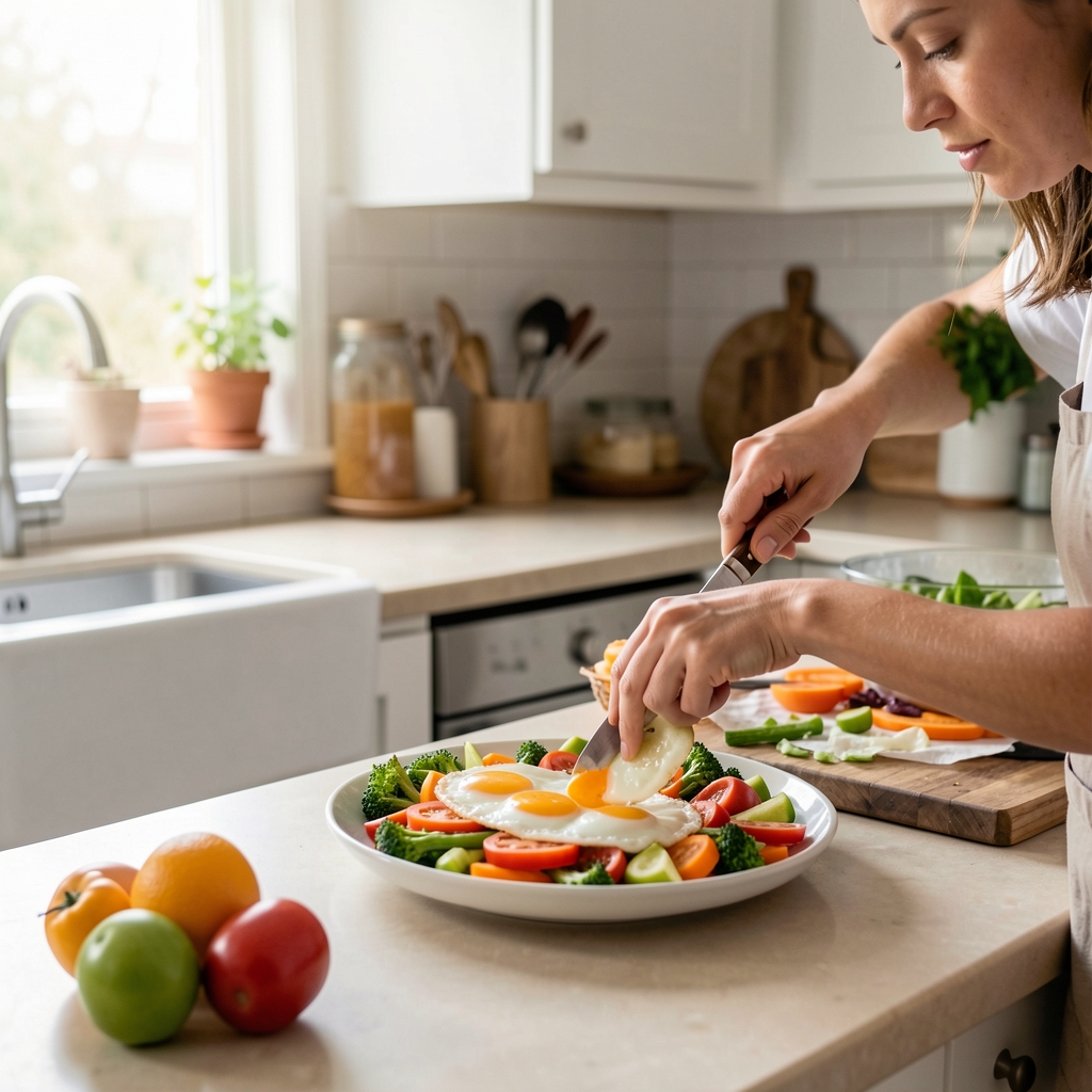 Person preparing a balanced meal with eggs and vegetables in a home kitchen, editorial daylight photography, natural composition