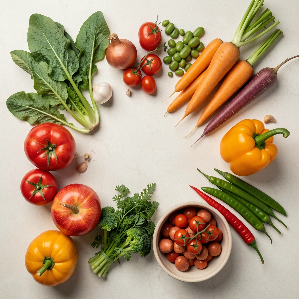 Colourful seasonal vegetables and legumes arranged on a neutral pale surface, overhead editorial flat lay, natural daylight