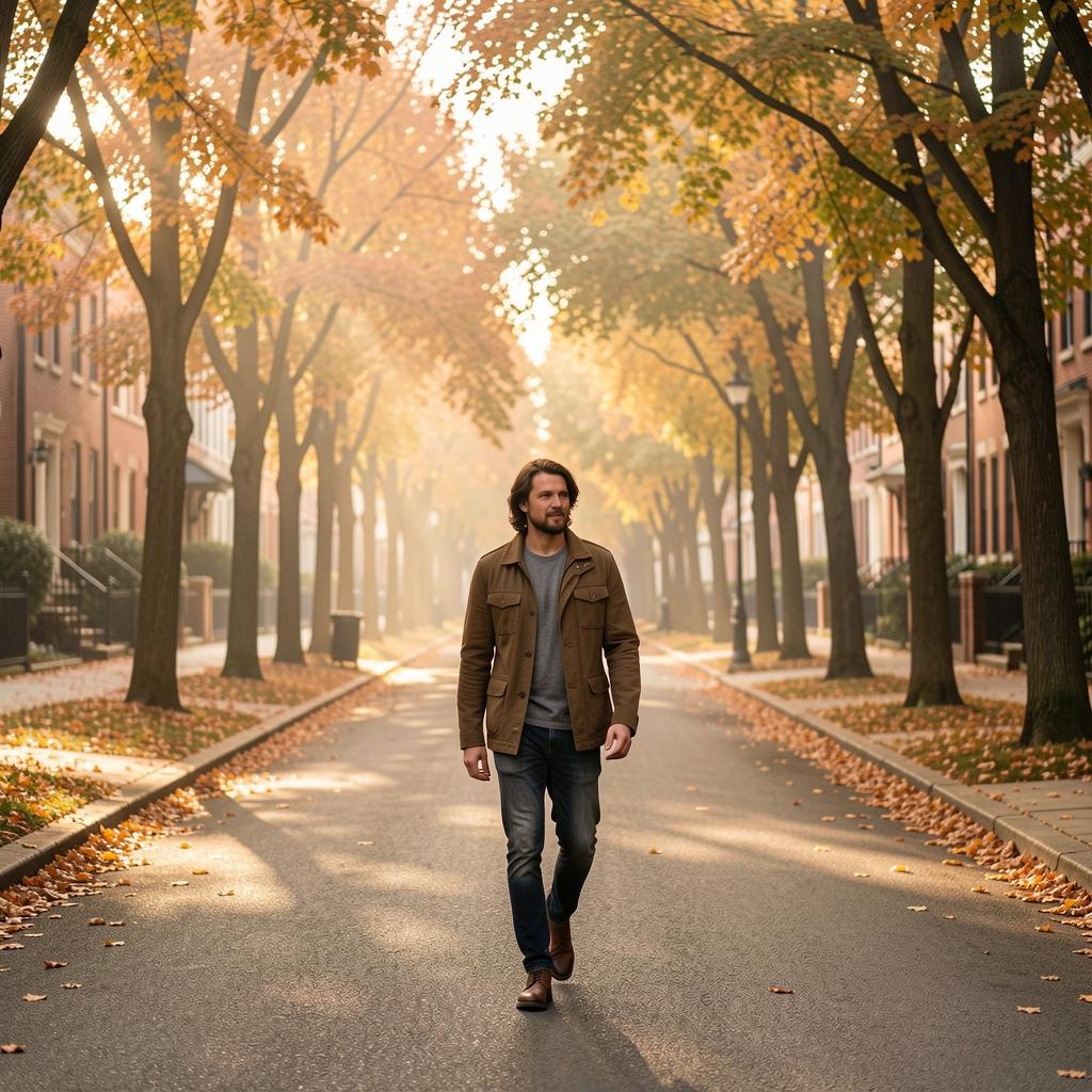 Person walking on a quiet tree-lined street in early morning light, editorial lifestyle photography with warm autumn tones