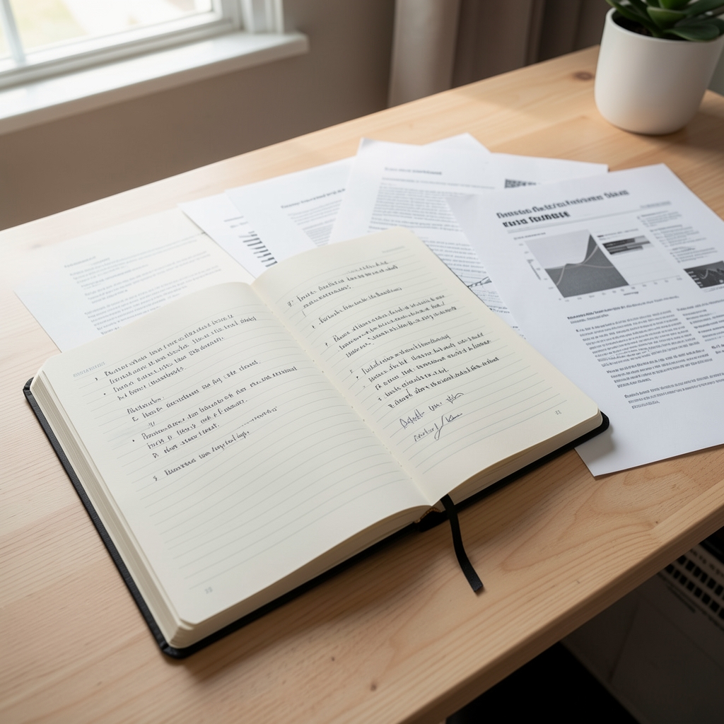 Notebook with editorial notes and published research papers spread on a light wooden desk in natural morning light