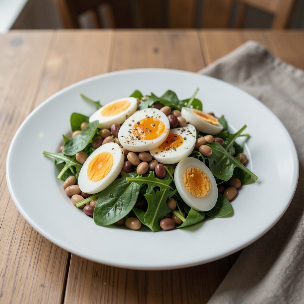 Fresh Mediterranean salad with eggs, legumes, and leafy greens on a white plate, editorial food photography, natural light